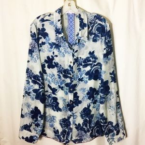Johnny Was 3 J Workshop  blue floral silk top XL
